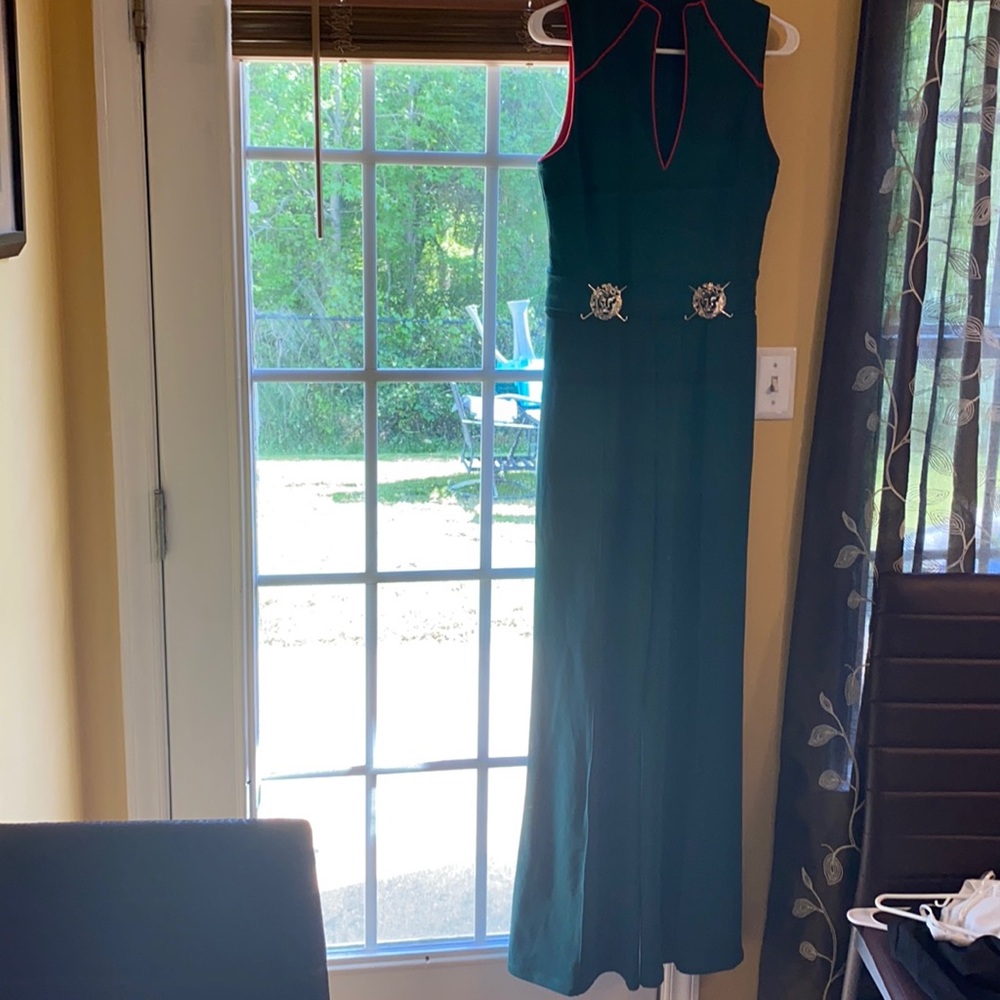 Green and red and gold jumpsuit